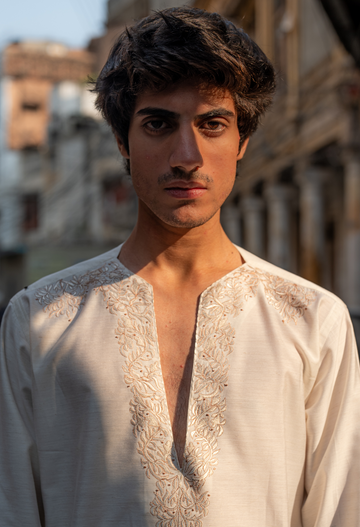 White Chickenkari Embroidered Short Kurta with Bell Bottom For Men